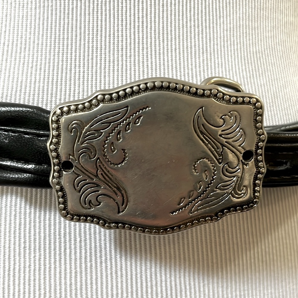 VINTAGE FISHER LEATHER BELT WITH WESTERN BUCKLE BLACK SILVER SIZE 30 MADE IN USA - Picture 3 of 10